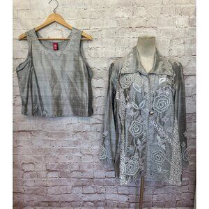 Sandy Starkman Jacket + Cami Top Size L Silver Metallic Silk Embroidered Sequin